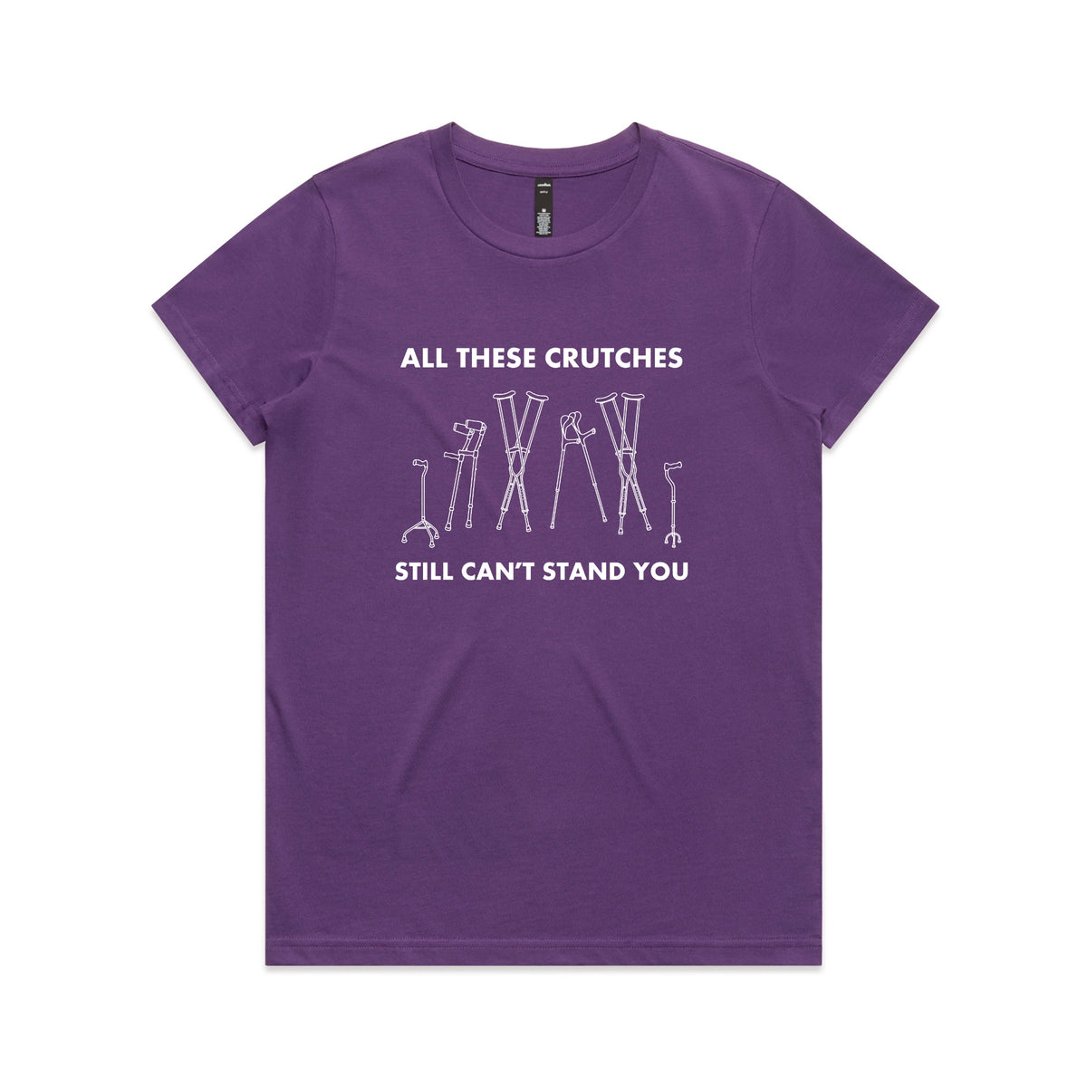 Purple fitted womens t-shirt with All These Crutches graphic by Lonely Kids Club