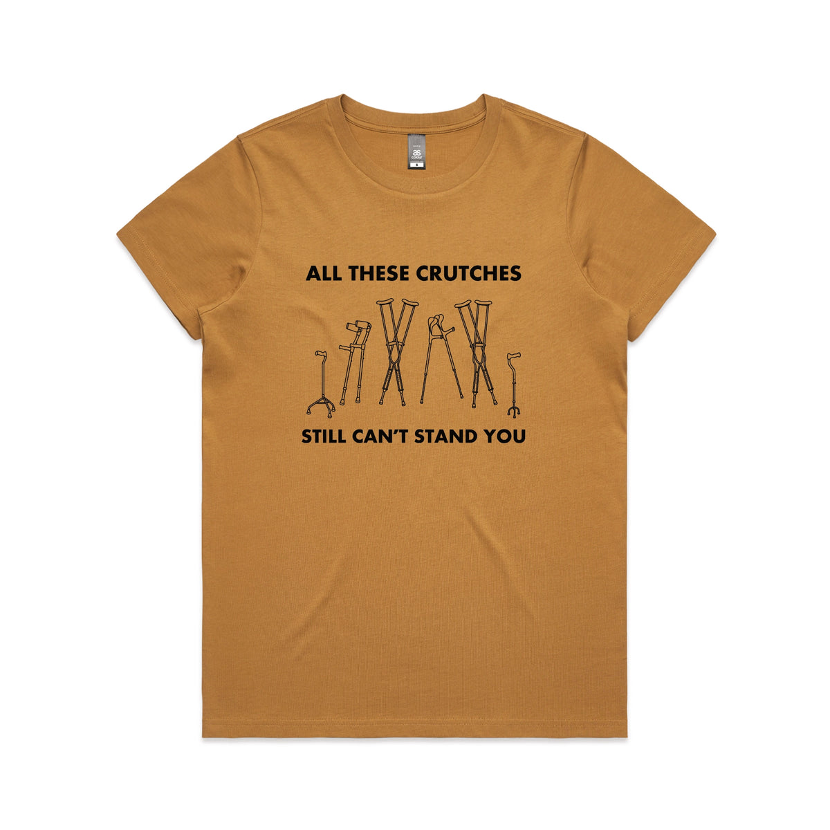 Camel fitted womens t-shirt with All These Crutches graphic by Lonely Kids Club