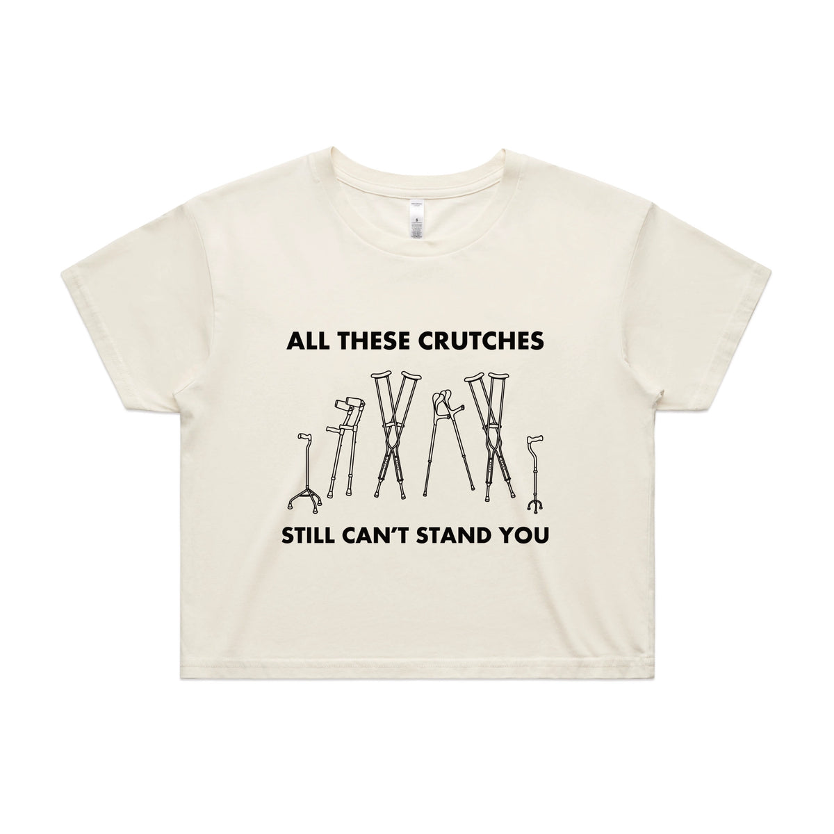 Ecru crop top with All These Crutches graphic by Lonely Kids Club
