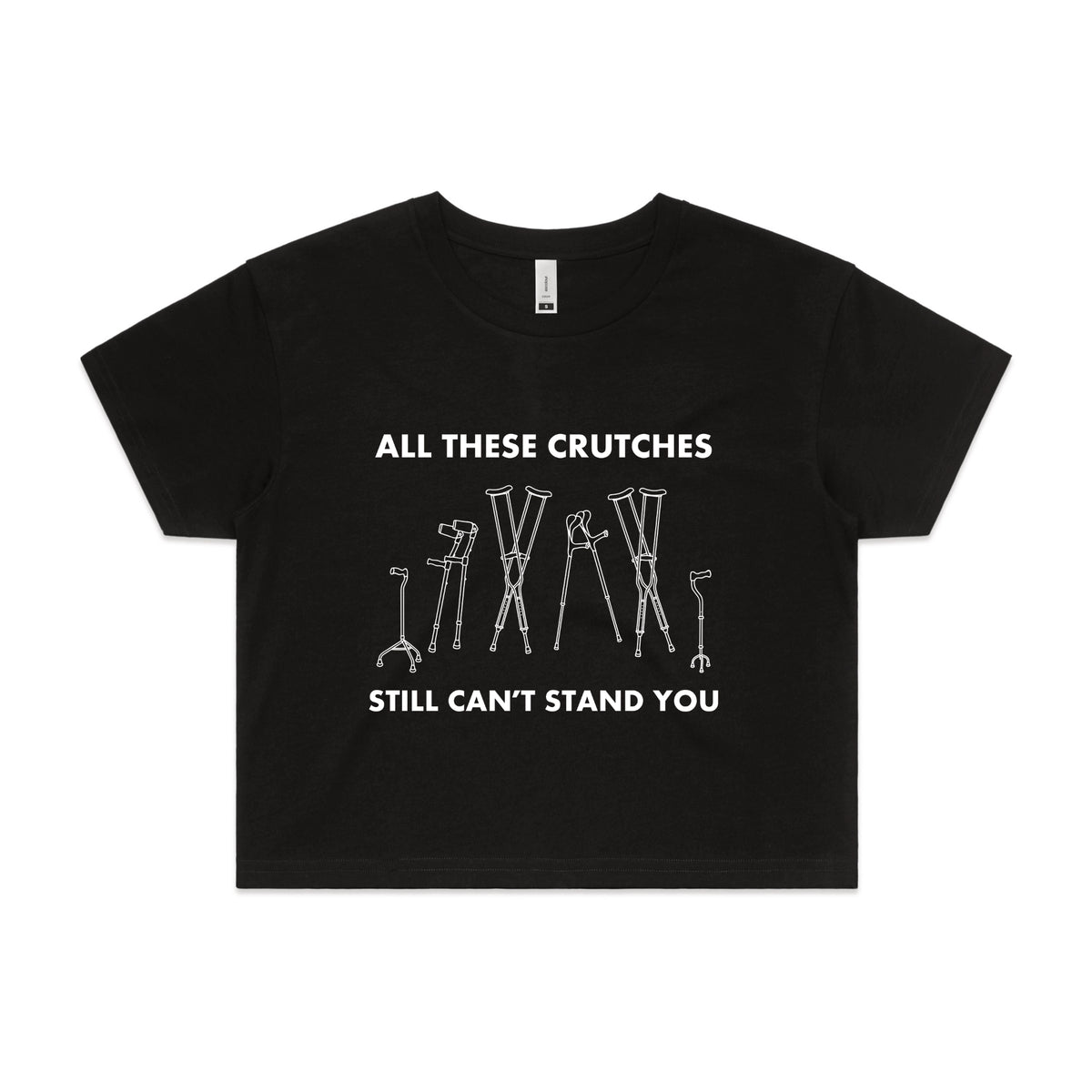 Black crop top with All These Crutches graphic by Lonely Kids Club