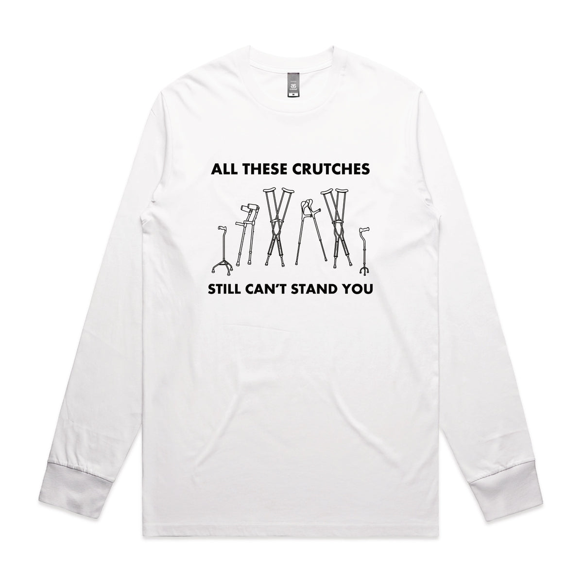 White long sleeve t-shirt with All These Crutches graphic by Lonely Kids Club