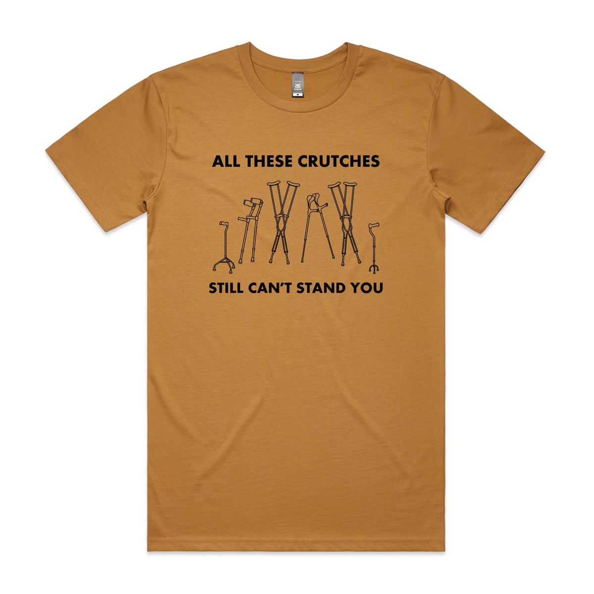 Camel unisex t-shirt with All These Crutches graphic by Lonely Kids Club