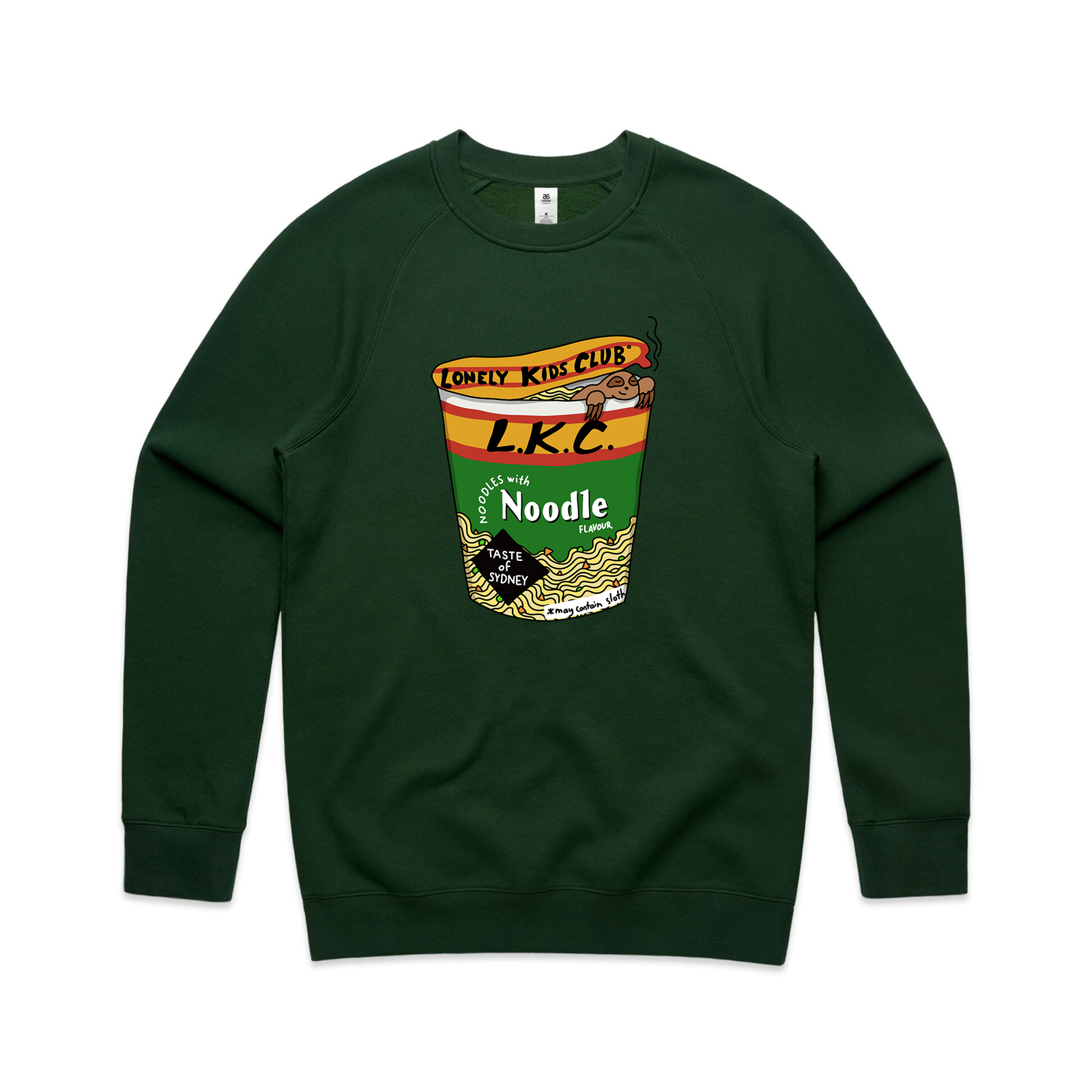 Forest Green regular jumper with Cup Noodles Jumper graphic by Lonely Kids Club