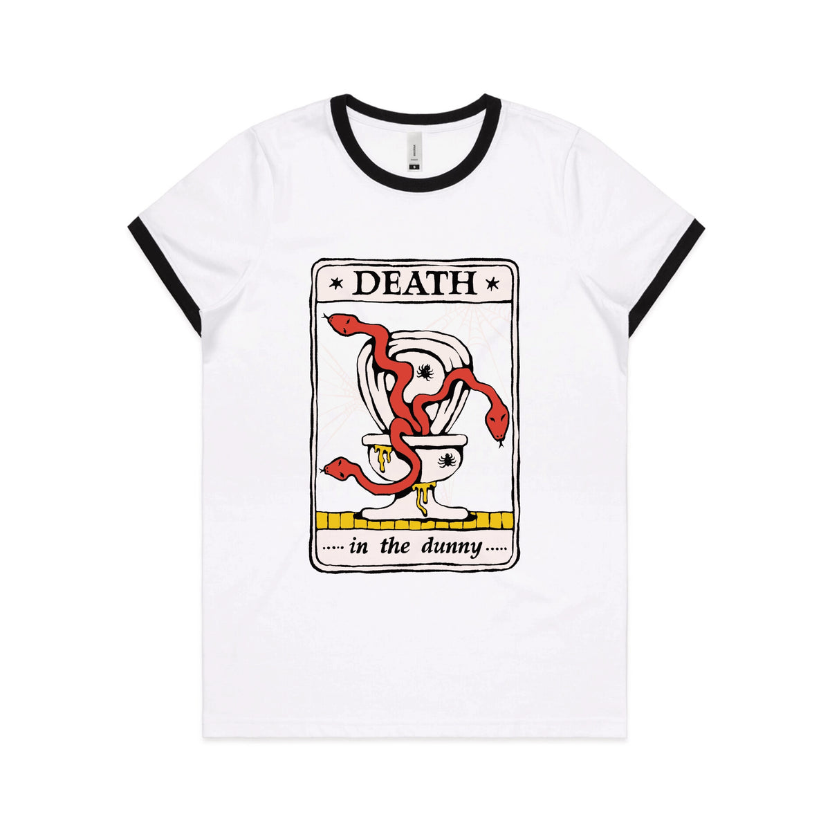 Black/White Ringer fitted womens t-shirt with Death Tarot graphic by Lonely Kids Club