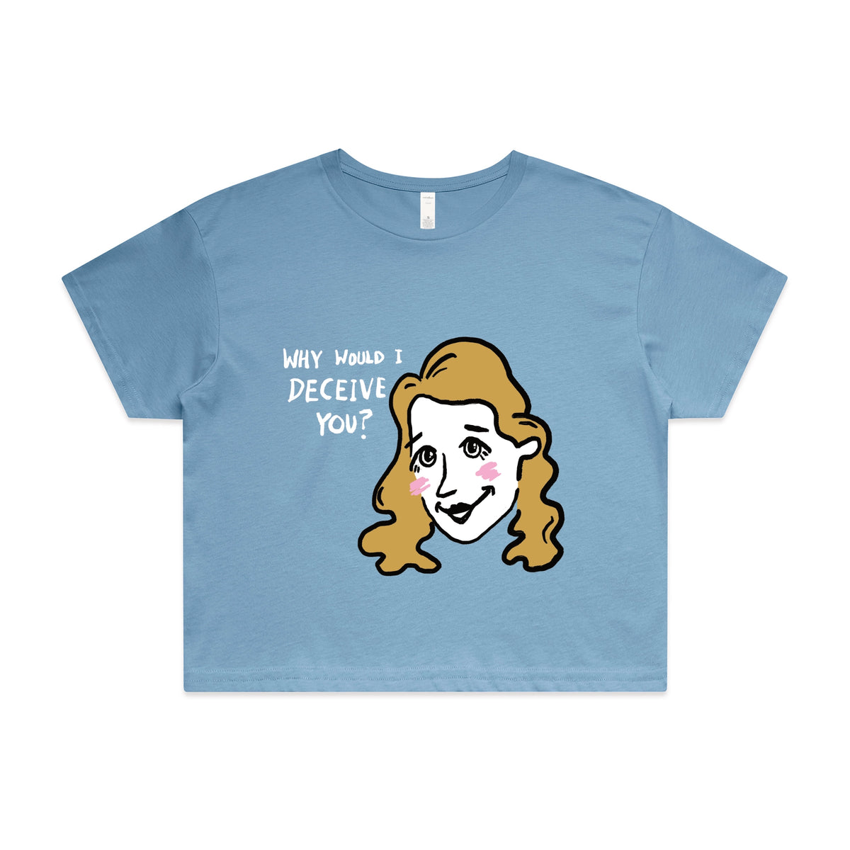 Carolina Blue crop top with Deceive You graphic by Lonely Kids Club