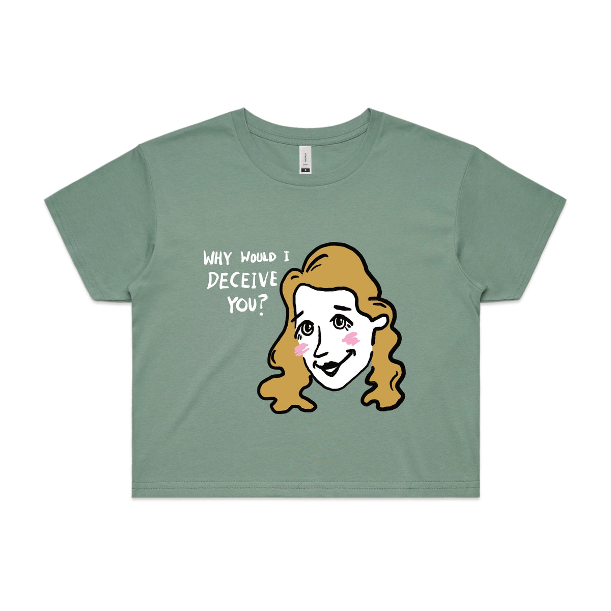 Sage crop top with Deceive You graphic by Lonely Kids Club