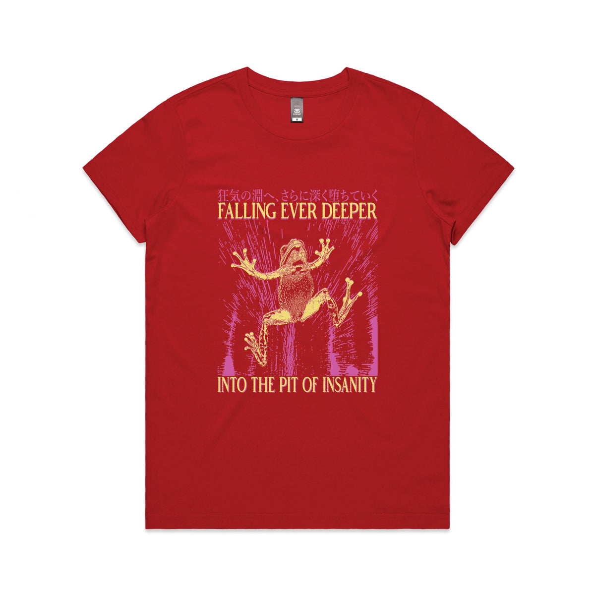 Red fitted womens t-shirt with Falling Ever Deeper graphic by Lonely Kids Club
