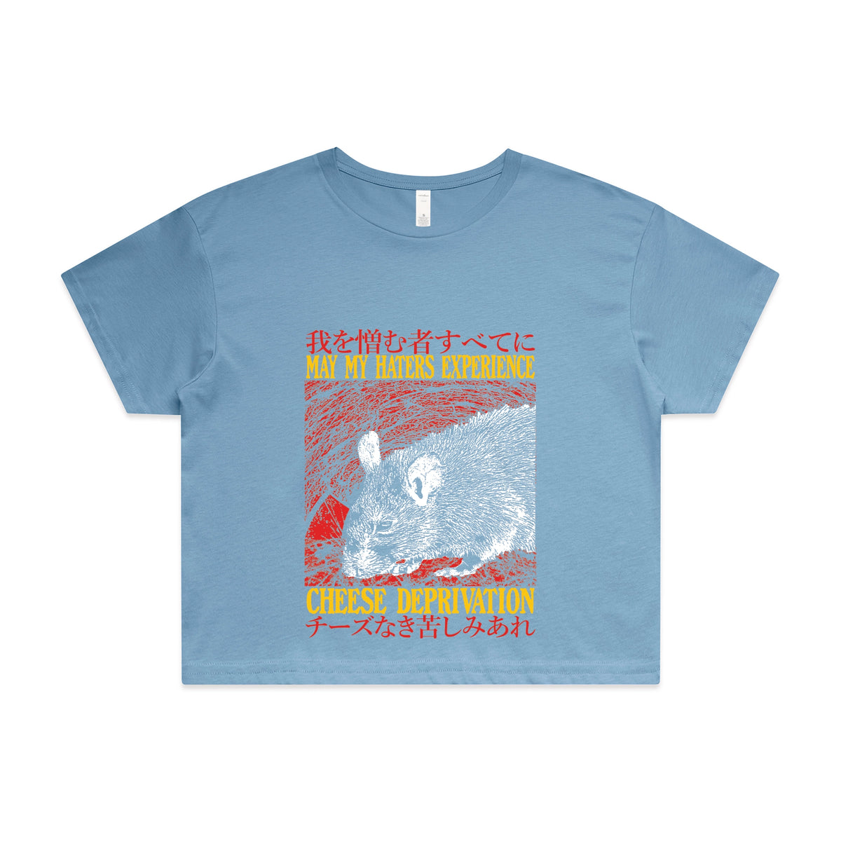 Carolina Blue crop top with Cheese Deprivation graphic by Lonely Kids Club