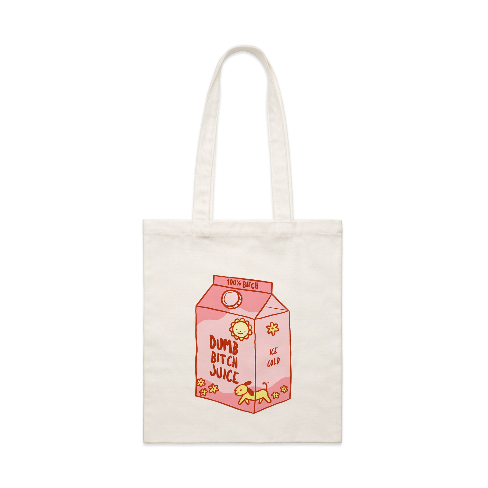 Cream parcel tote with a juice-carton illustration and running dog graphic and 'Dumb Bitch Juice' text by Lonely Kids Club