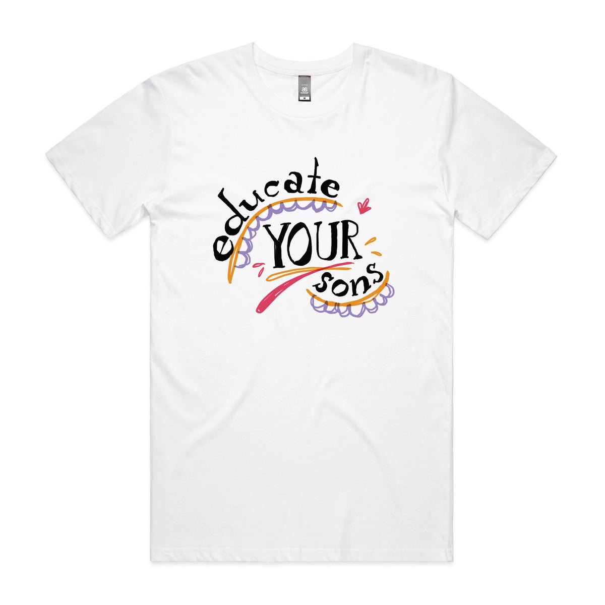 White unisex t-shirt with Educate Your Sons graphic by Lonely Kids Club