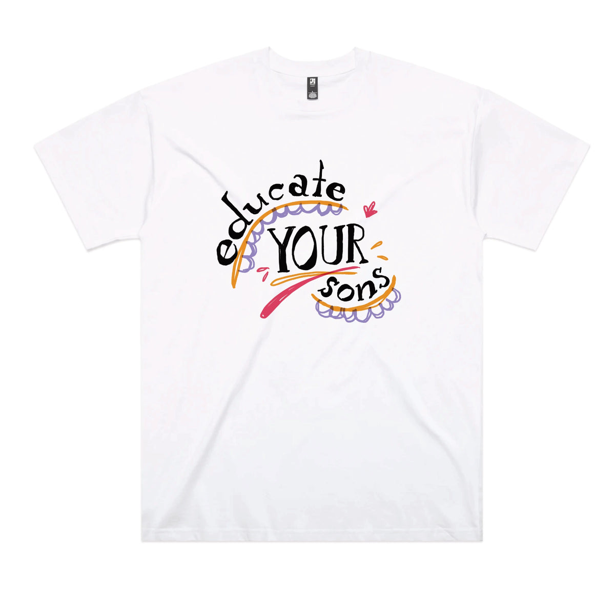 White oversized t-shirt with Educate Your Sons graphic by Lonely Kids Club