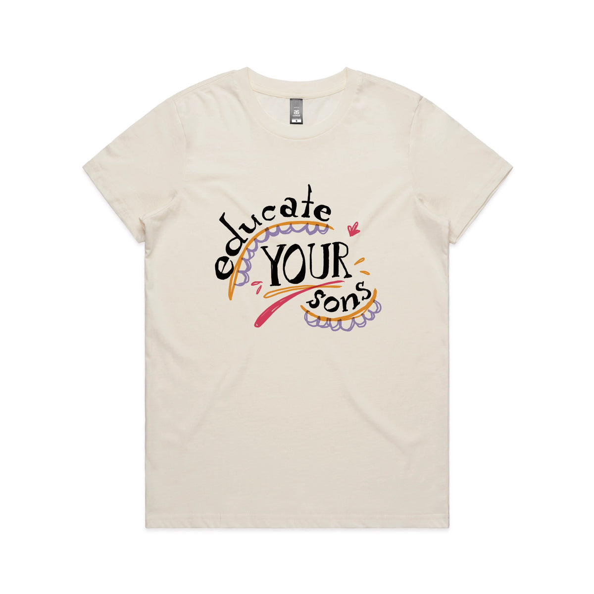 Ecru fitted womens t-shirt with Educate Your Sons graphic by Lonely Kids Club