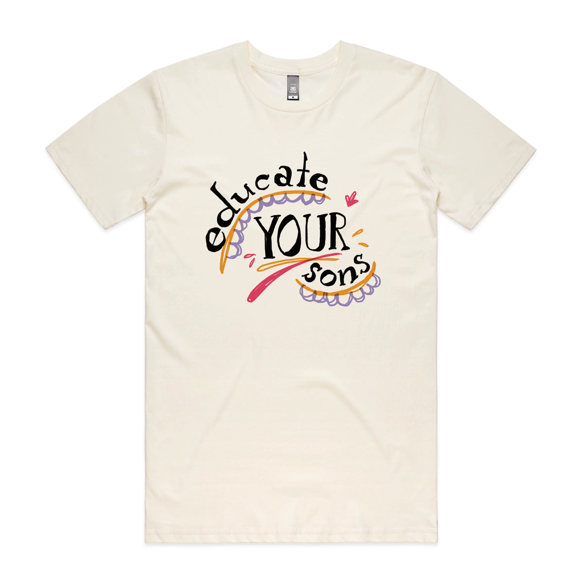 Ecru unisex t-shirt with Educate Your Sons graphic by Lonely Kids Club