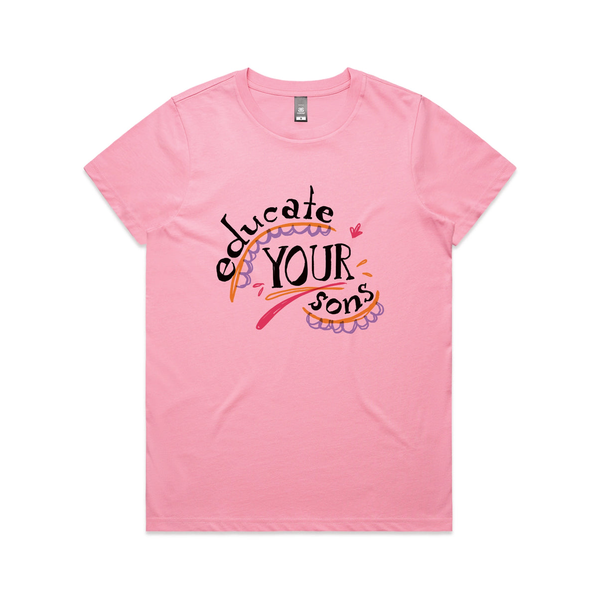 Bubblegum fitted womens t-shirt with Educate Your Sons graphic by Lonely Kids Club