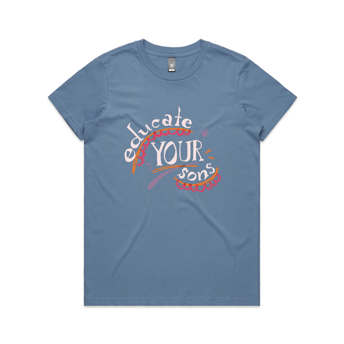 Carolina Blue fitted womens t-shirt with Educate Your Sons graphic by Lonely Kids Club