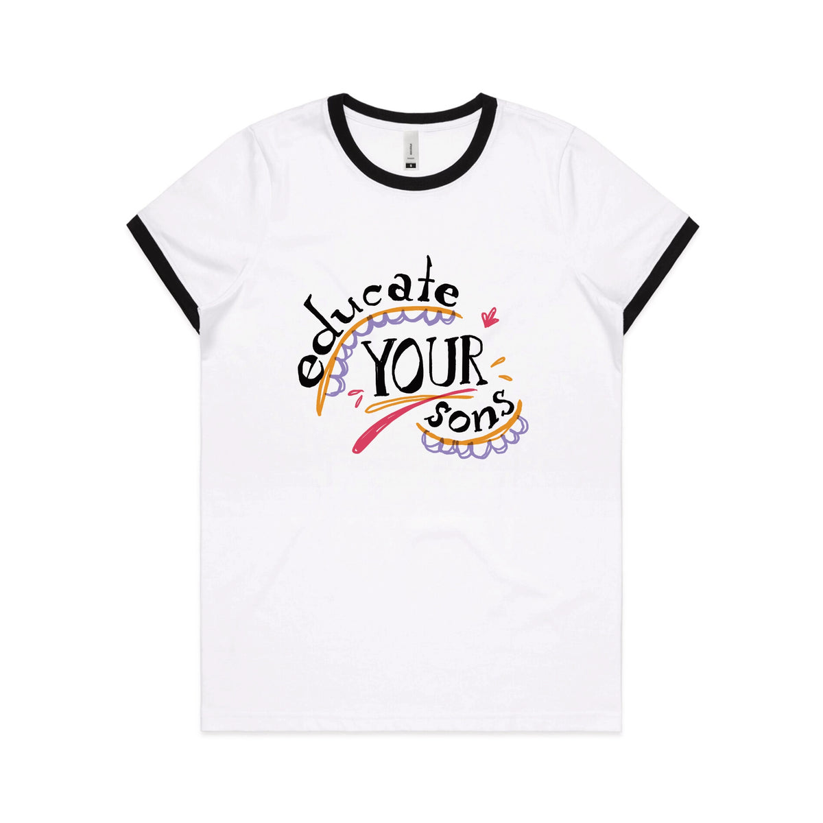 Black/White Ringer fitted womens t-shirt with Educate Your Sons graphic by Lonely Kids Club