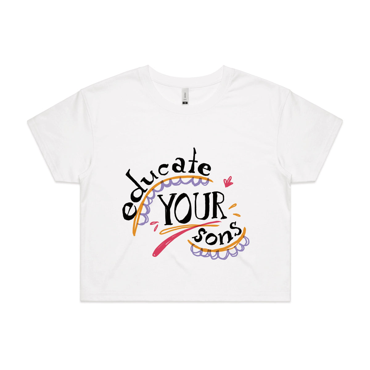 White crop top with Educate Your Sons graphic by Lonely Kids Club