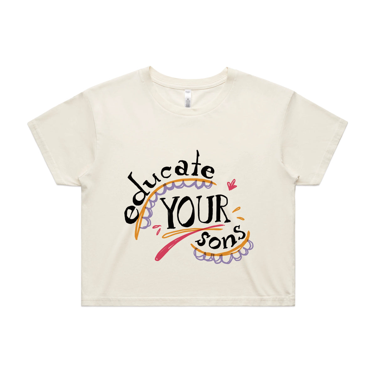 Ecru crop top with Educate Your Sons graphic by Lonely Kids Club