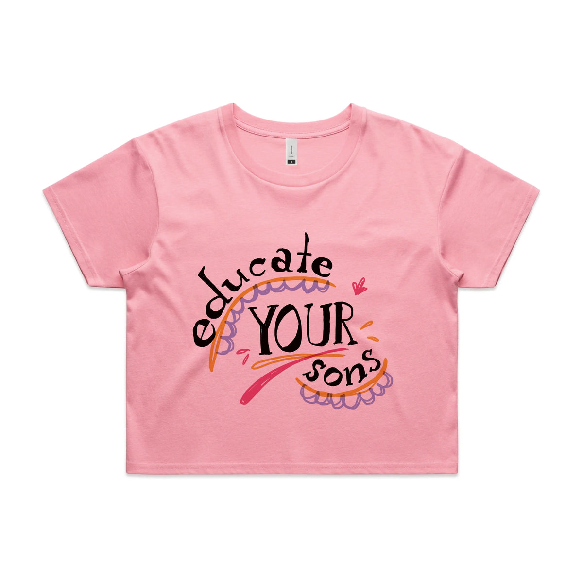Bubblegum crop top with Educate Your Sons graphic by Lonely Kids Club