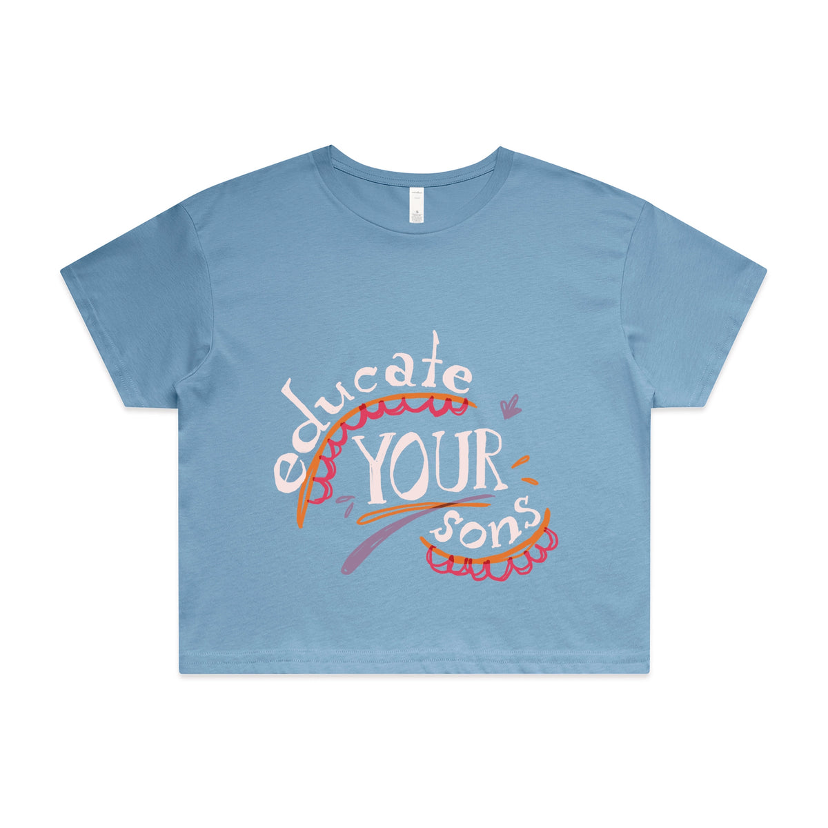 Carolina Blue crop top with Educate Your Sons graphic by Lonely Kids Club