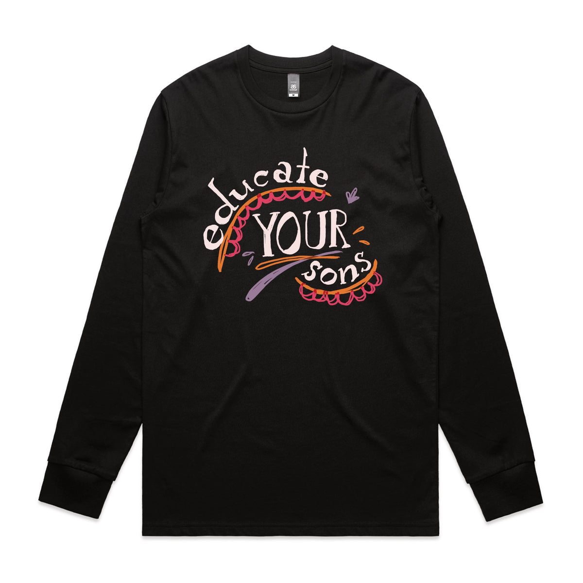 Black long sleeve t-shirt with Educate Your Sons graphic by Lonely Kids Club