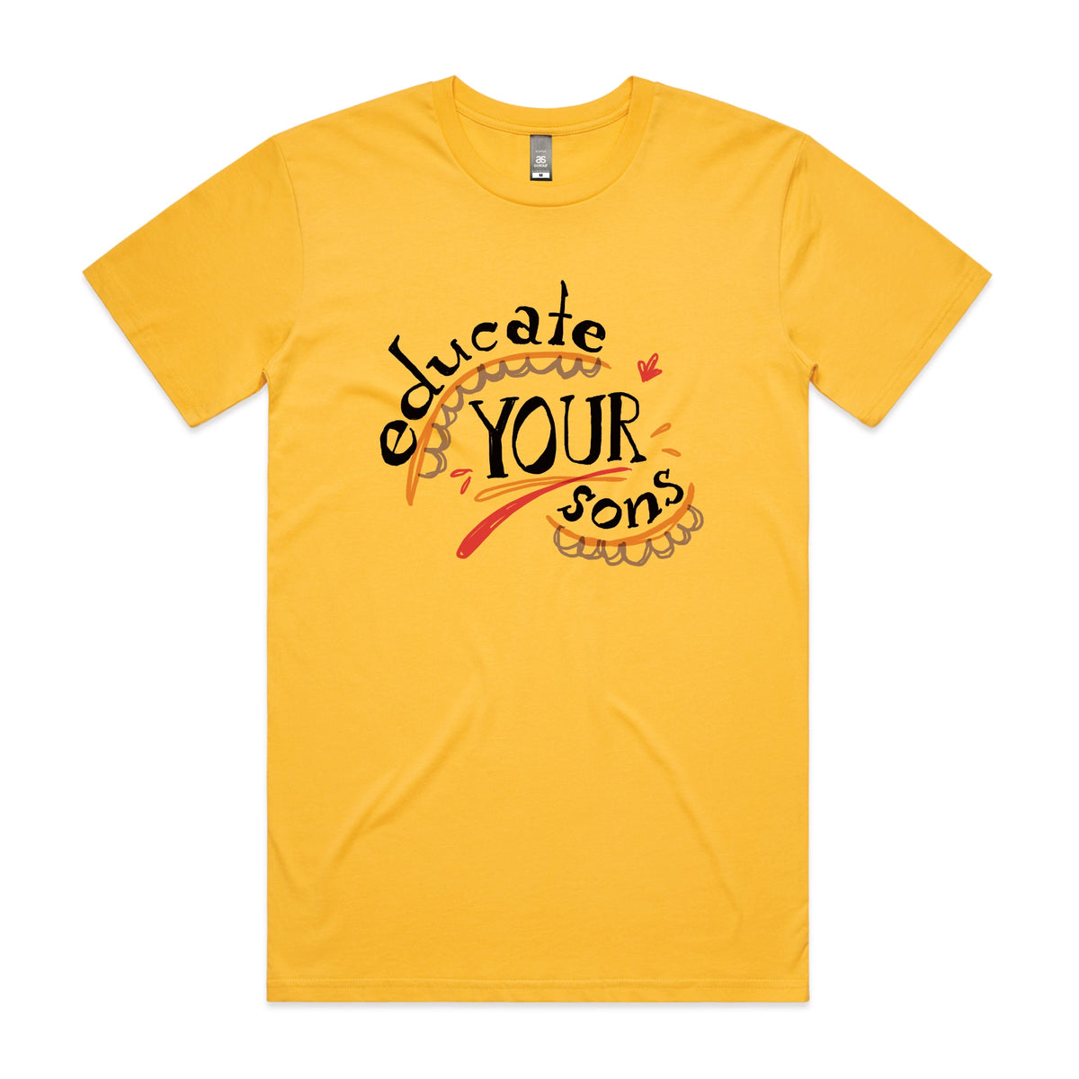 Yellow unisex t-shirt with Educate Your Sons graphic by Lonely Kids Club