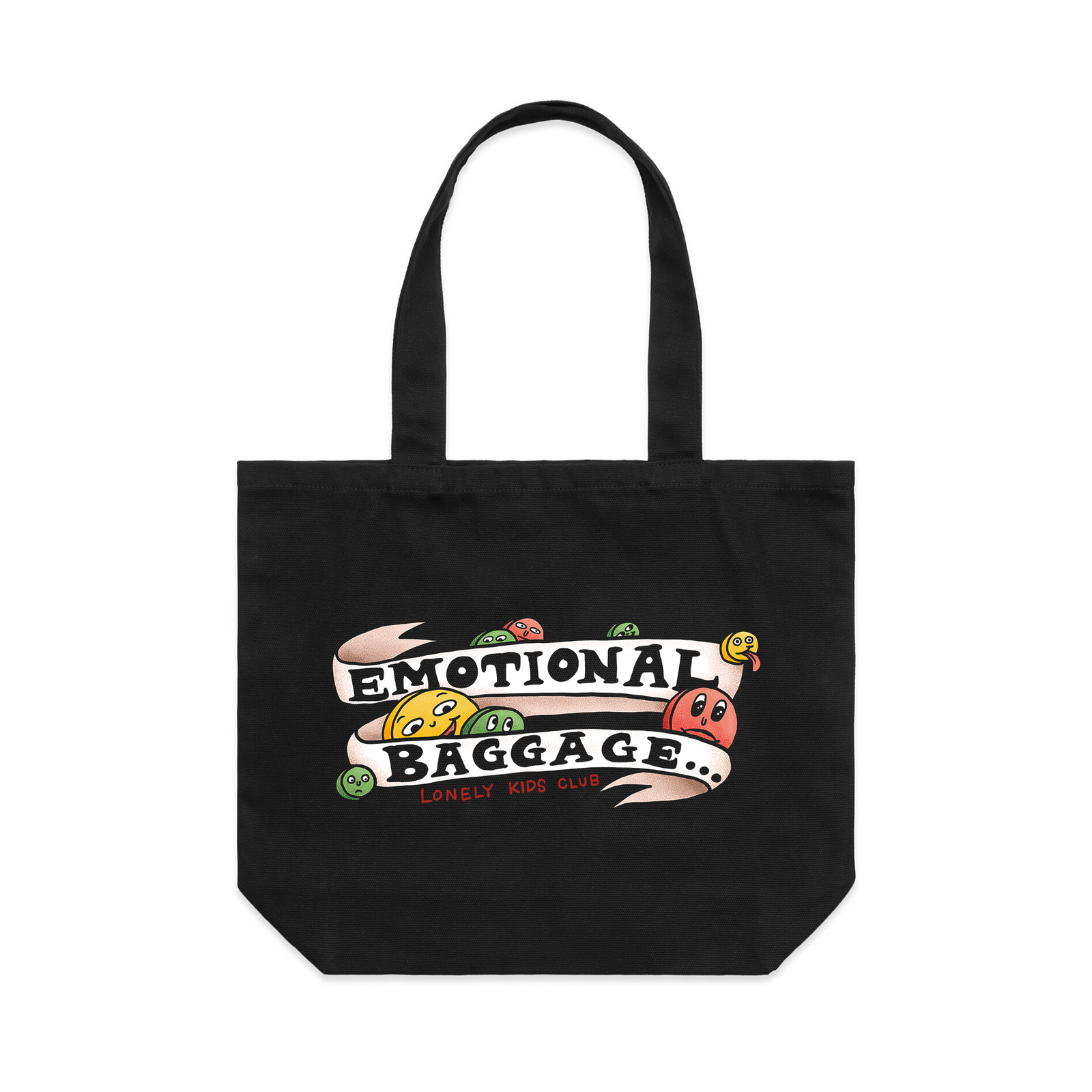 Black shoulder tote with Emotional Baggage Tote graphic by Lonely Kids Club