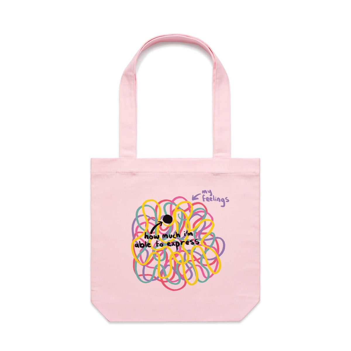 Pink carrie tote with My Feelings Tote graphic by Lonely Kids Club