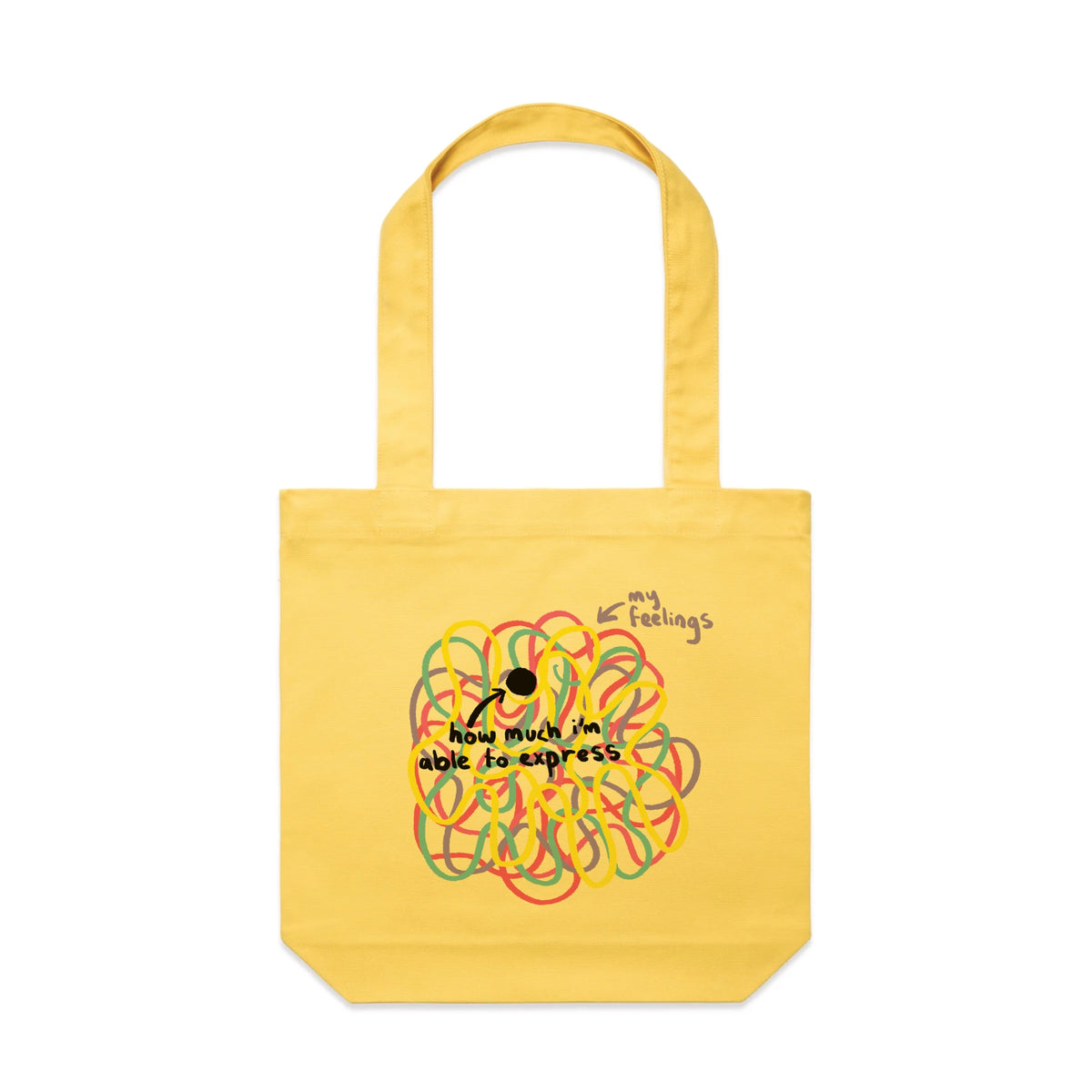 Yellow carrie tote with My Feelings Tote graphic by Lonely Kids Club