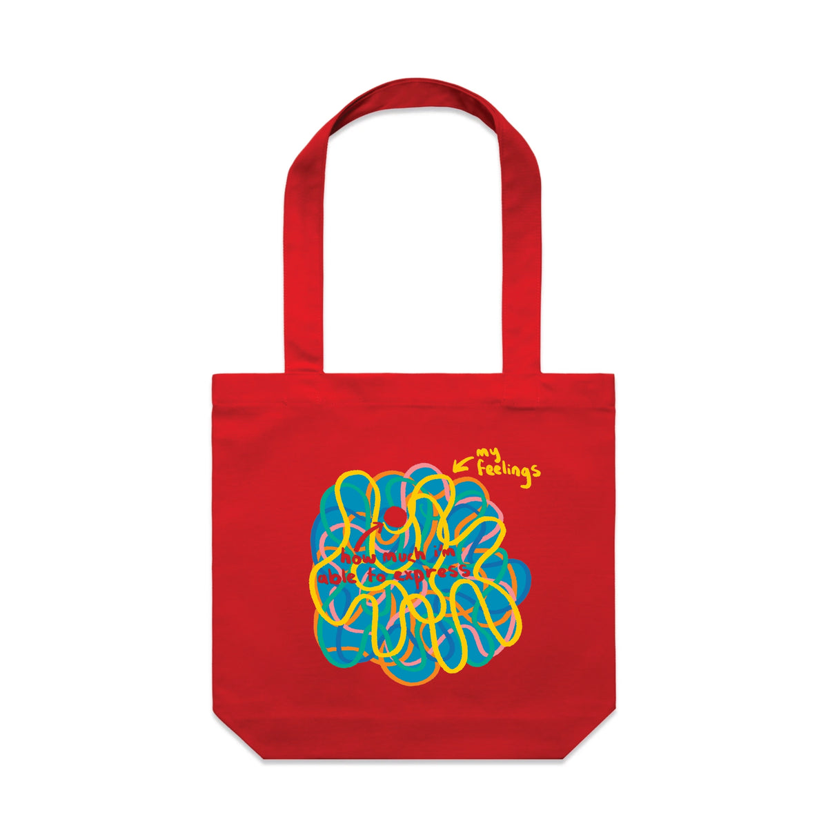 Red carrie tote with My Feelings Tote graphic by Lonely Kids Club