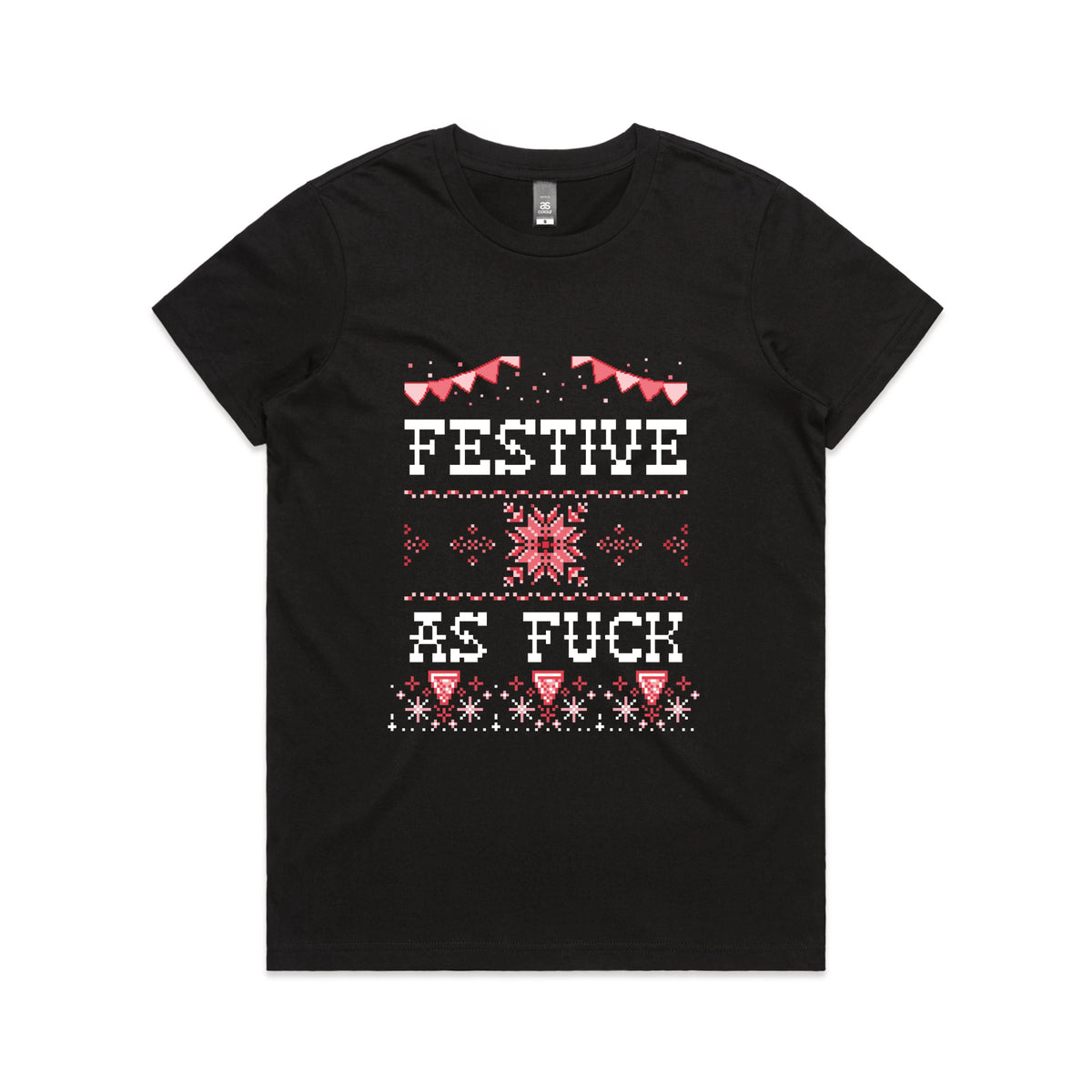 Black fitted womens t-shirt with Festive As Fuck graphic by Lonely Kids Club