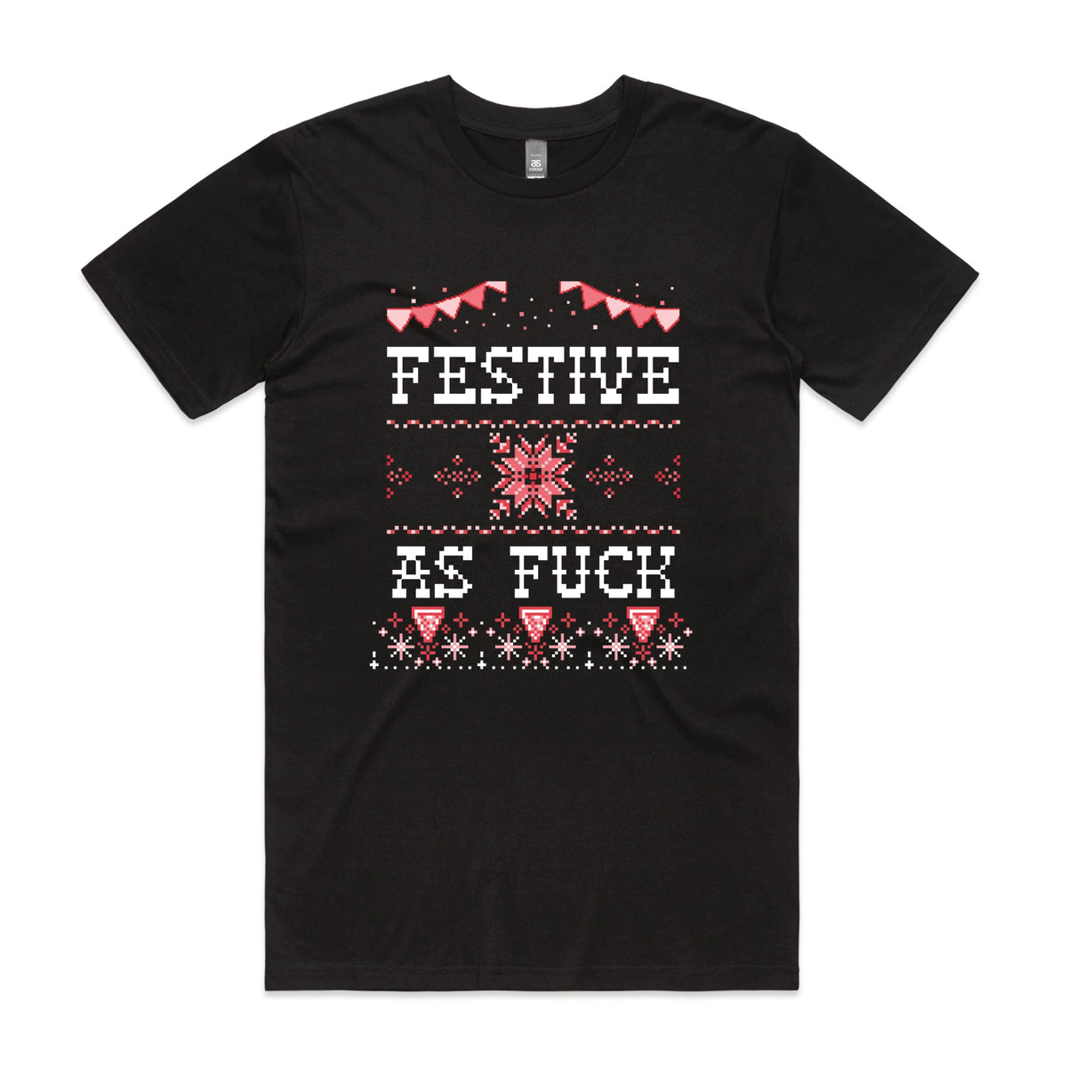 Black unisex t-shirt with Festive As Fuck graphic by Lonely Kids Club