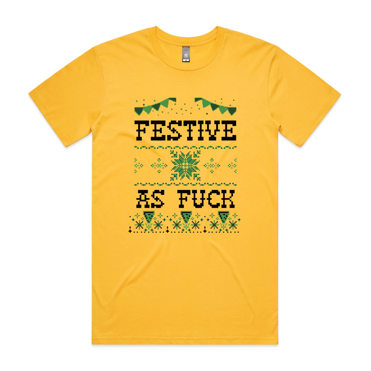 Yellow unisex t-shirt with Festive As Fuck graphic by Lonely Kids Club