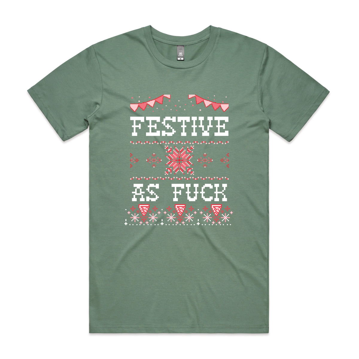 Sage unisex t-shirt with Festive As Fuck graphic by Lonely Kids Club