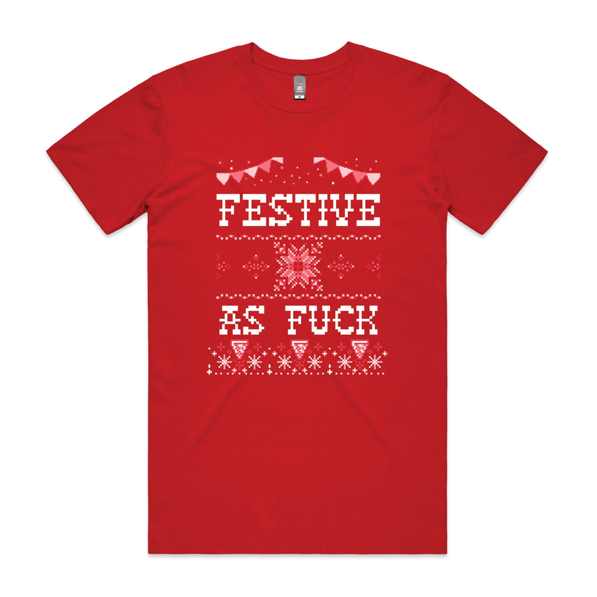 Red unisex t-shirt with Festive As Fuck graphic by Lonely Kids Club