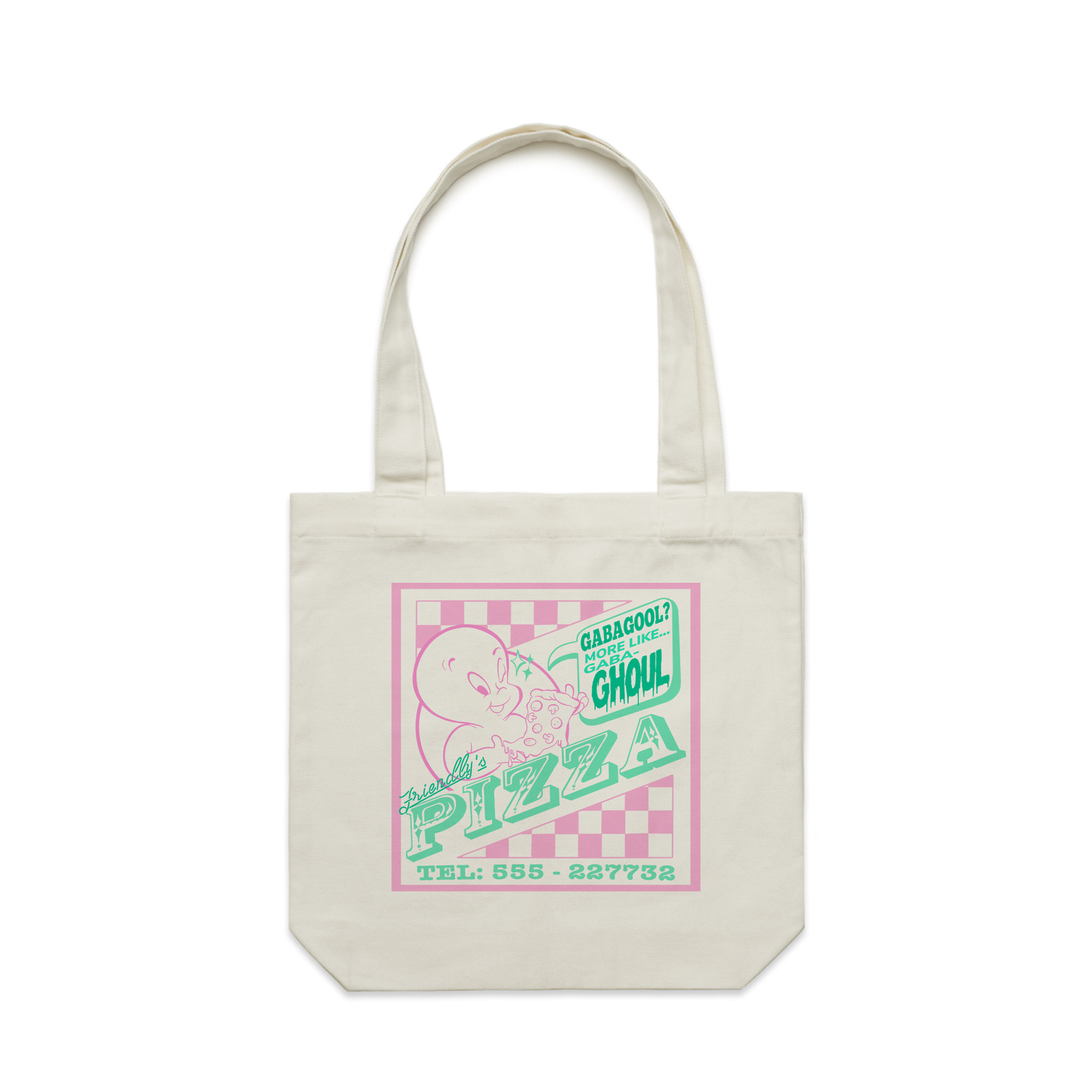 Cream carrie tote with Friendly Ghost Tote graphic by Lonely Kids Club