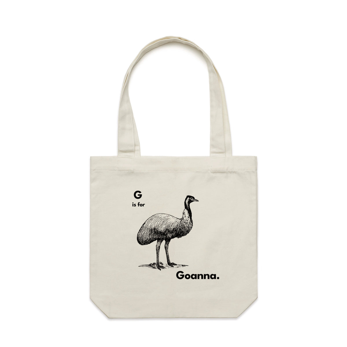 Cream carrie tote with G Is For Goanna Tote graphic by Lonely Kids Club