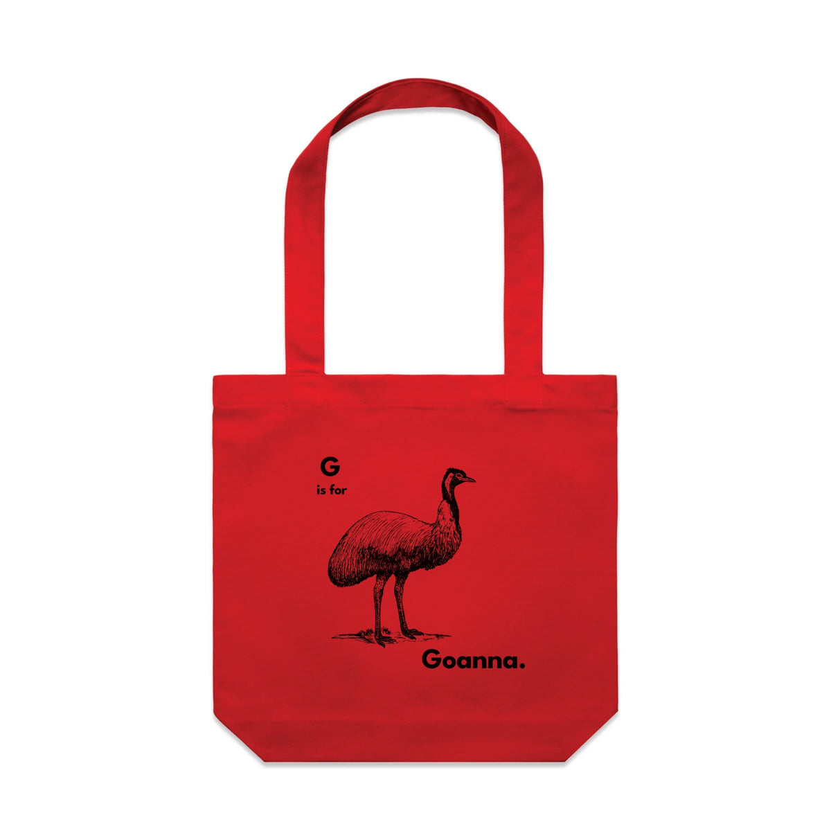 Red carrie tote with G Is For Goanna Tote graphic by Lonely Kids Club