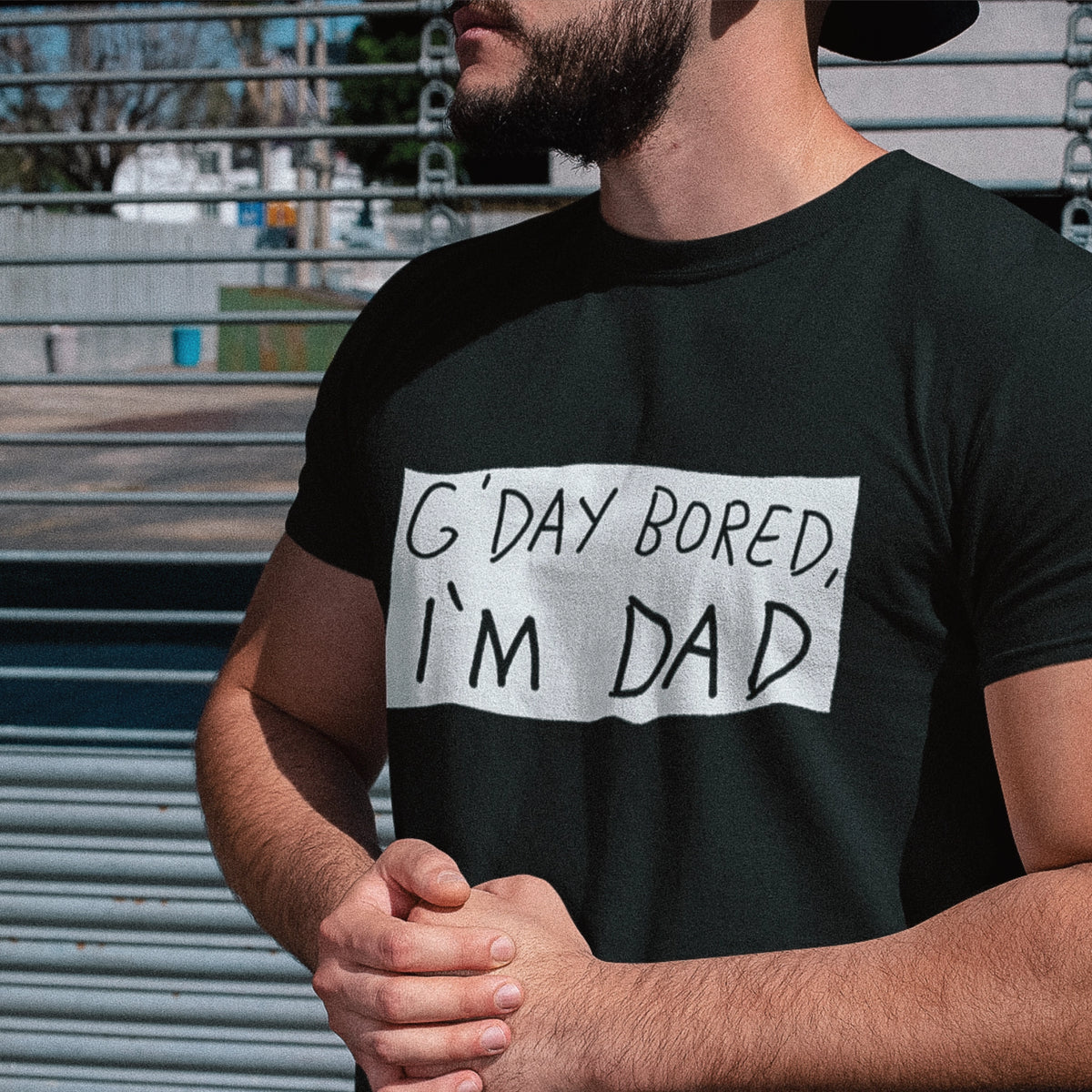 Black unisex t-shirt with G'Day Bored graphic by Lonely Kids Club