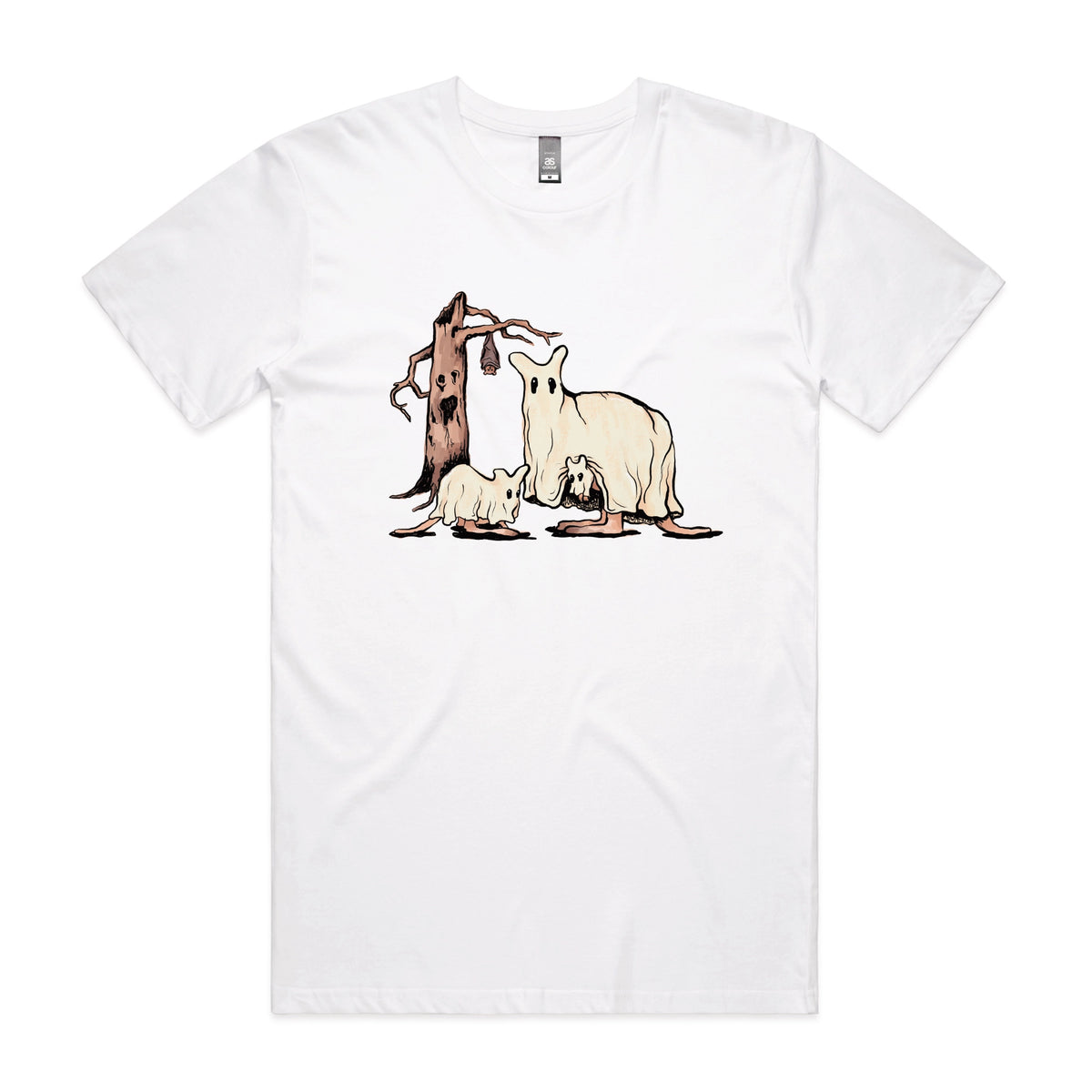 White unisex t-shirt with Ghostaroos graphic by Lonely Kids Club