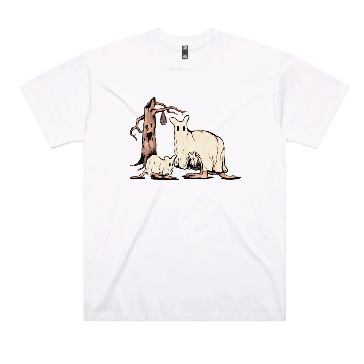 White oversized t-shirt with Ghostaroos graphic by Lonely Kids Club