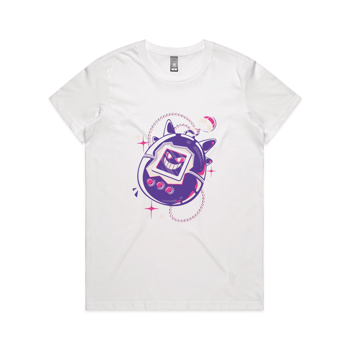 White fitted womens t-shirt with Ghostigotchi graphic by Lonely Kids Club