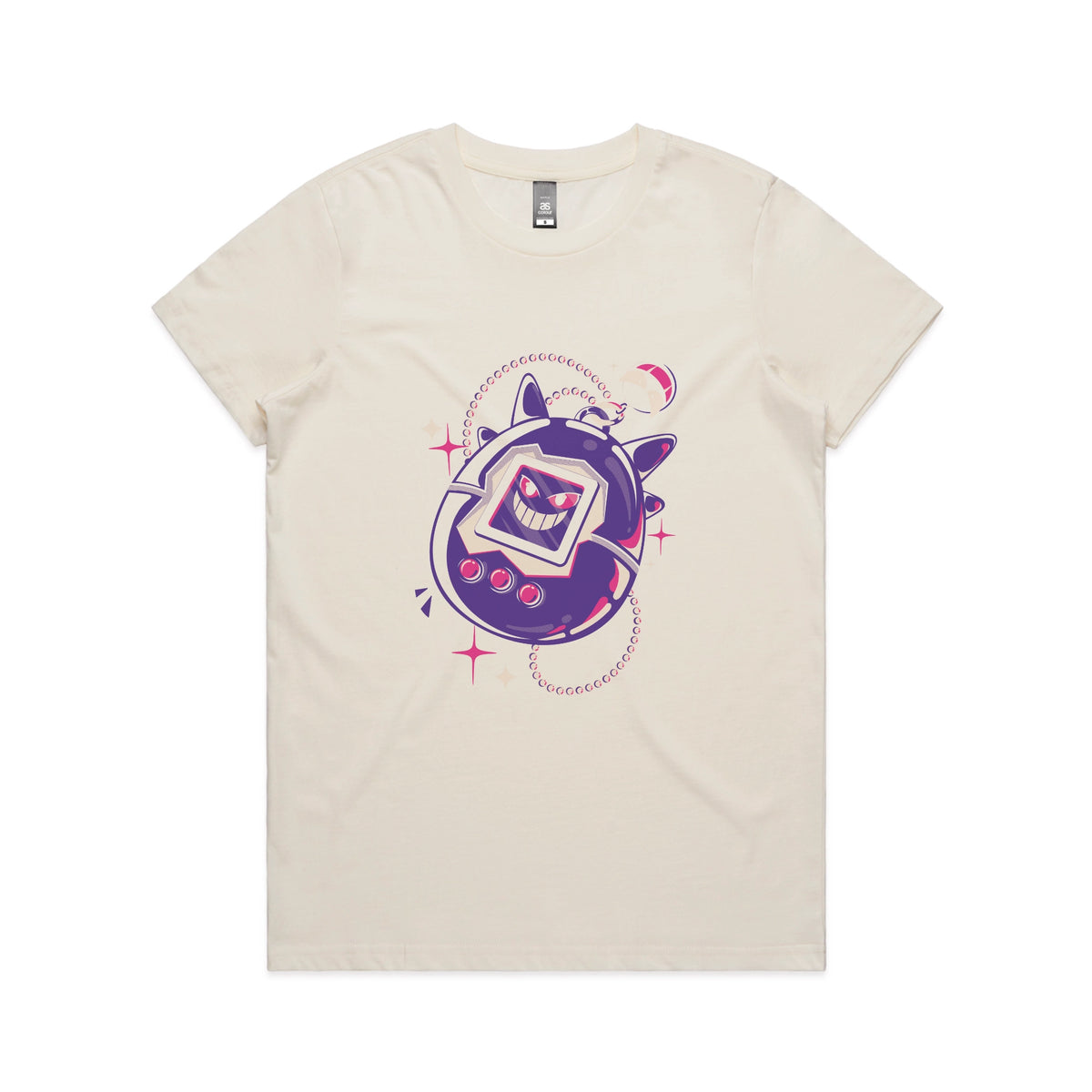Ecru fitted womens t-shirt with Ghostigotchi graphic by Lonely Kids Club