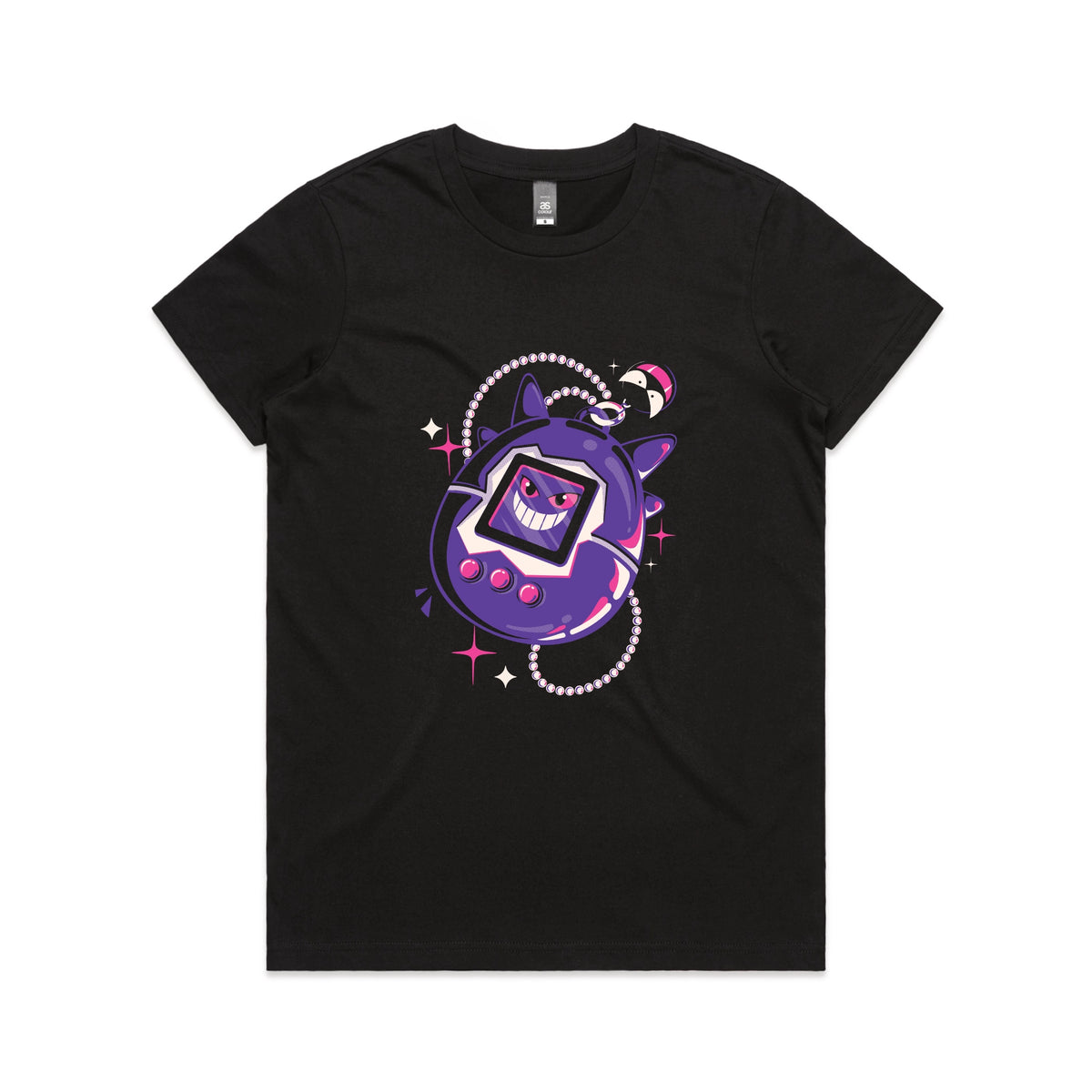 Black fitted womens t-shirt with Ghostigotchi graphic by Lonely Kids Club
