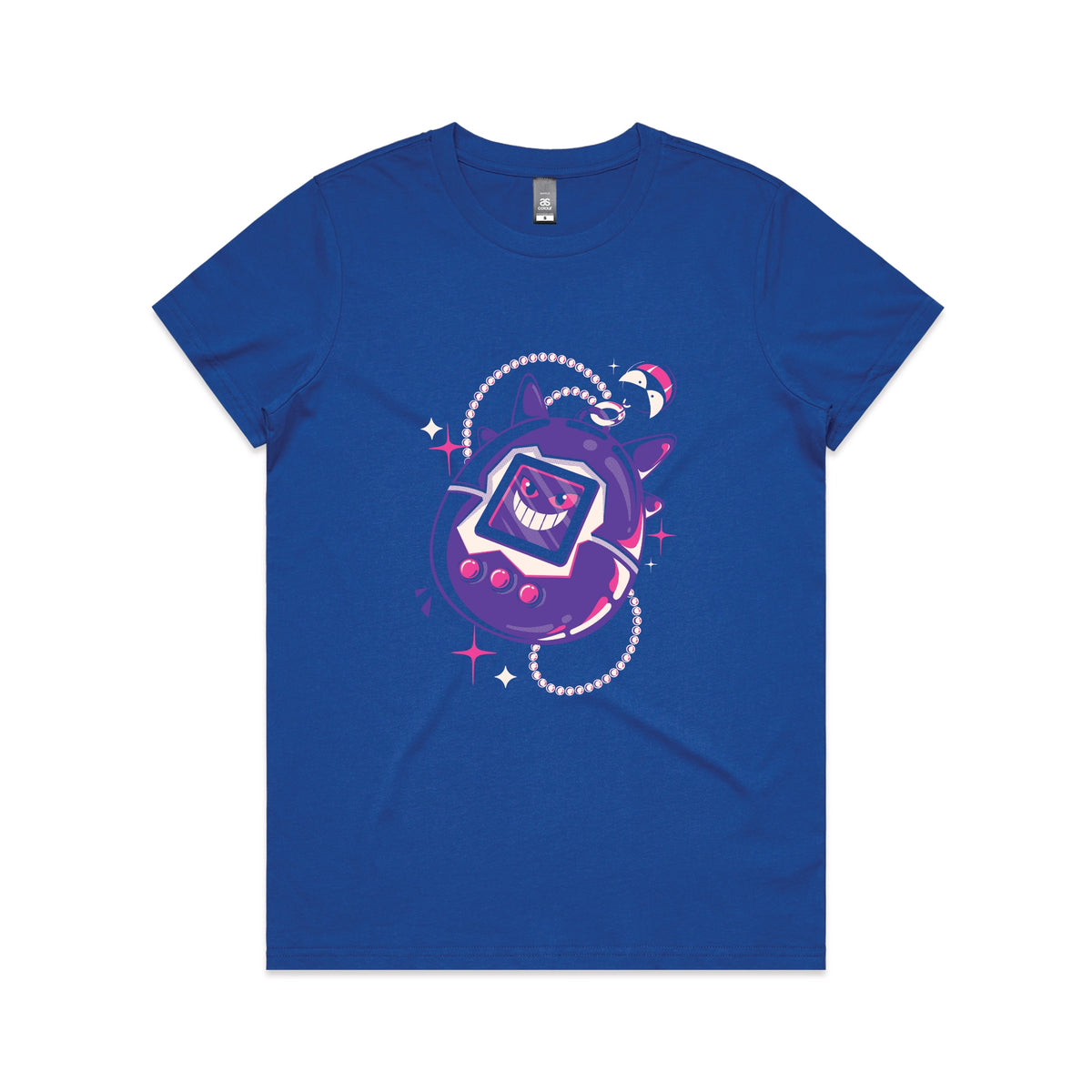 Royal Blue fitted womens t-shirt with Ghostigotchi graphic by Lonely Kids Club