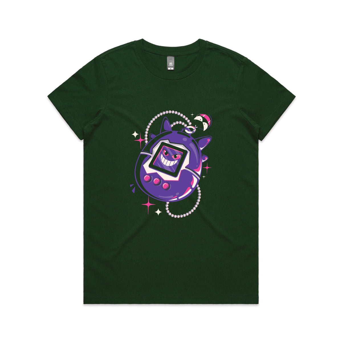 Forest Green fitted womens t-shirt with Ghostigotchi graphic by Lonely Kids Club