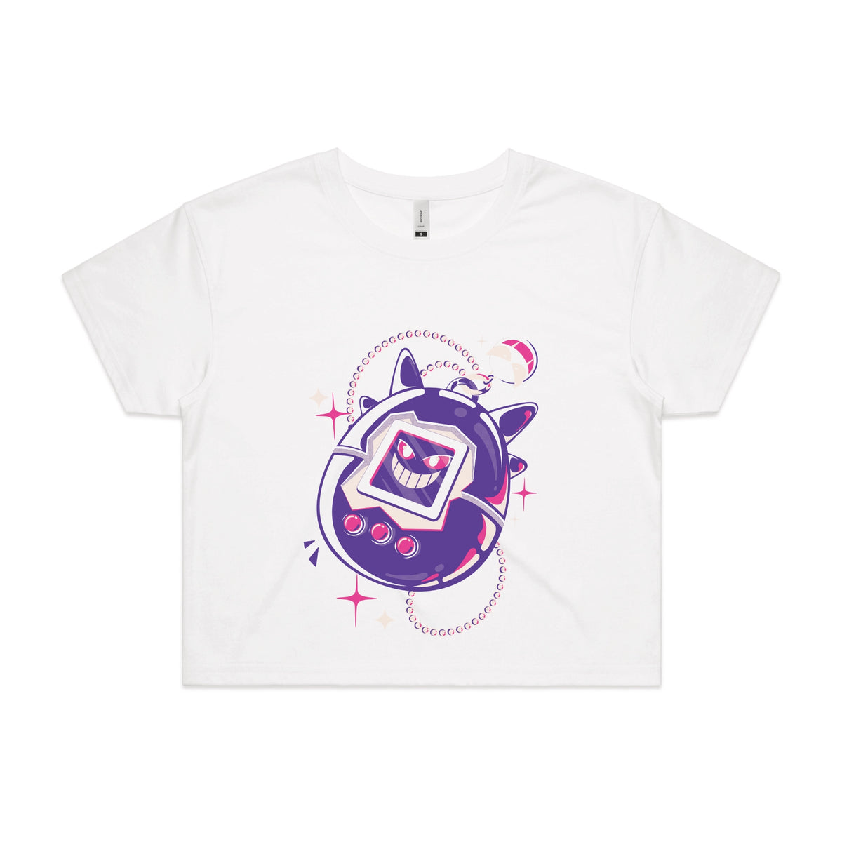 White crop top with Ghostigotchi graphic by Lonely Kids Club