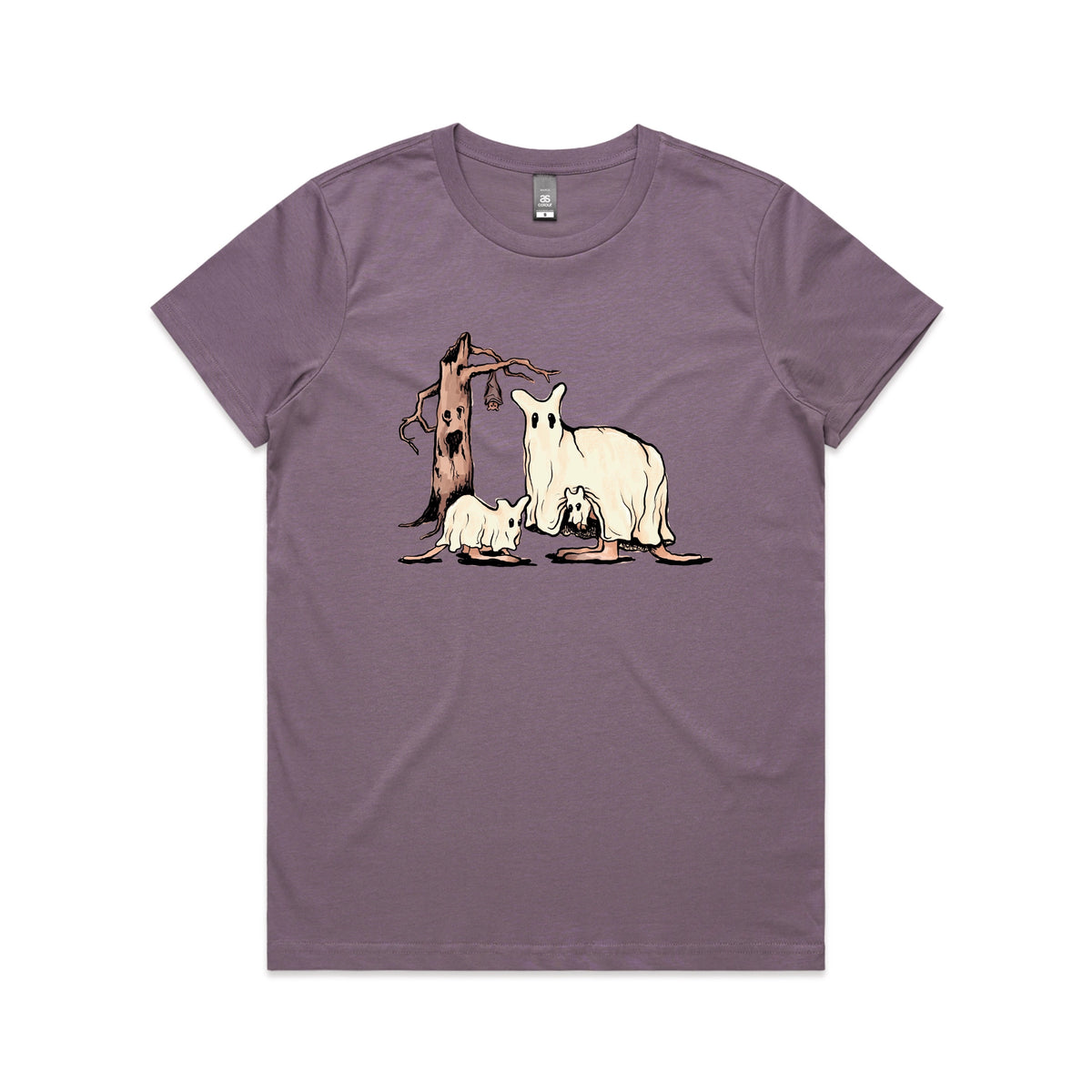 Mauve fitted womens t-shirt with Ghostaroos graphic by Lonely Kids Club
