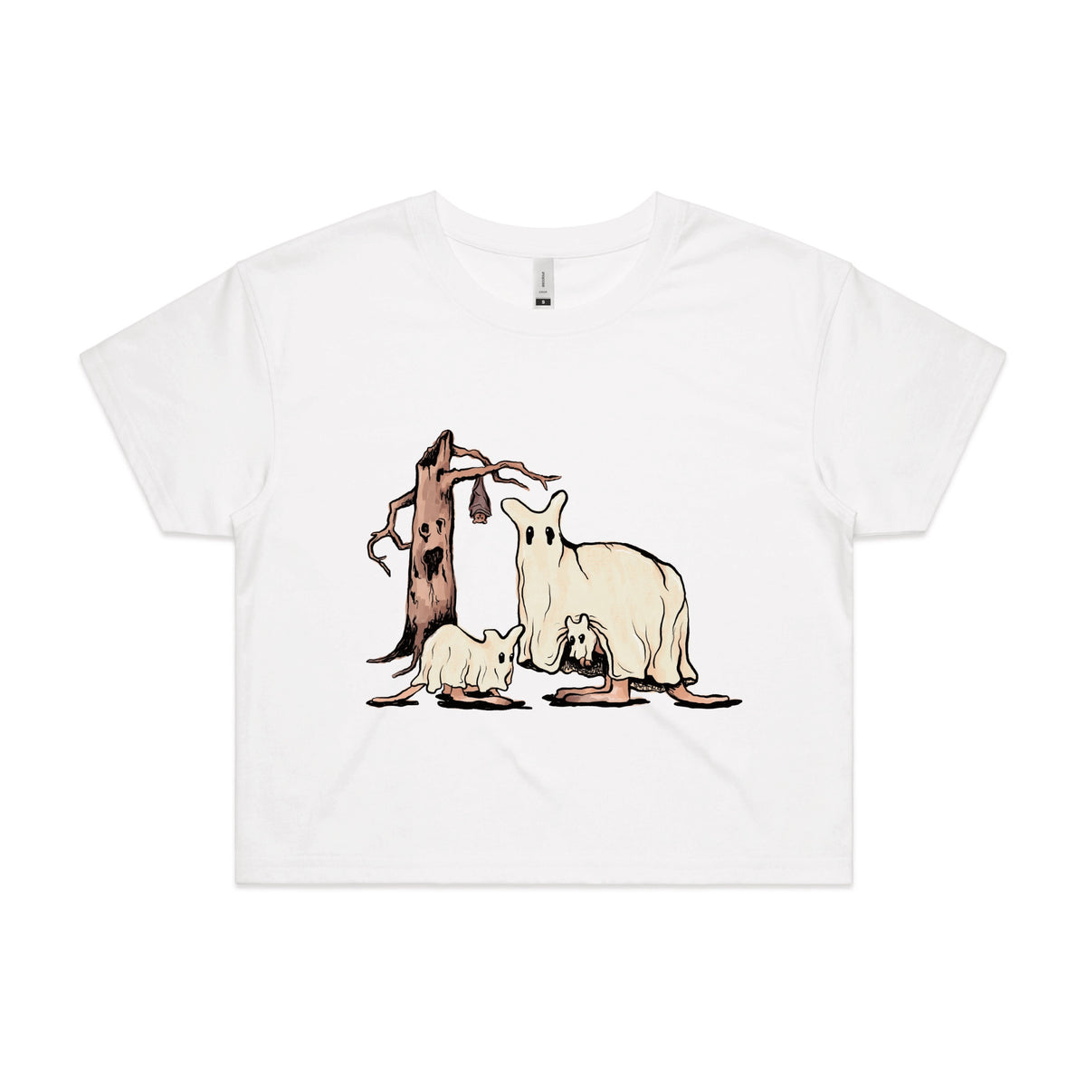 White crop top with Ghostaroos graphic by Lonely Kids Club