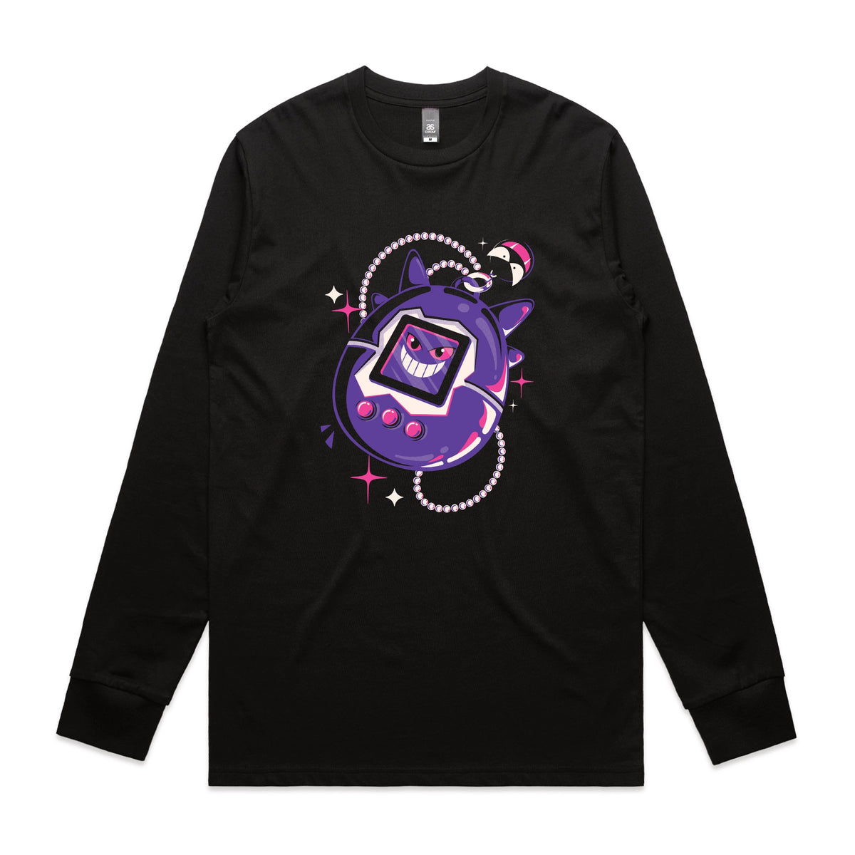 Black long sleeve t-shirt with Ghostigotchi graphic by Lonely Kids Club